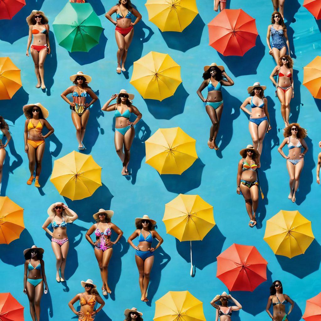 A vibrant beach scene featuring diverse individuals of various body types confidently wearing trendy swimwear. The sun shines brightly, with playful waves in the background and colorful beach umbrellas casting fun shadows. Add stylish accessories like sunglasses, hats, and beach bags to enhance the fashion aspect. The overall mood is joyful and inclusive, celebrating self-acceptance through fashion. bright colors. summer vibes. super-realistic.