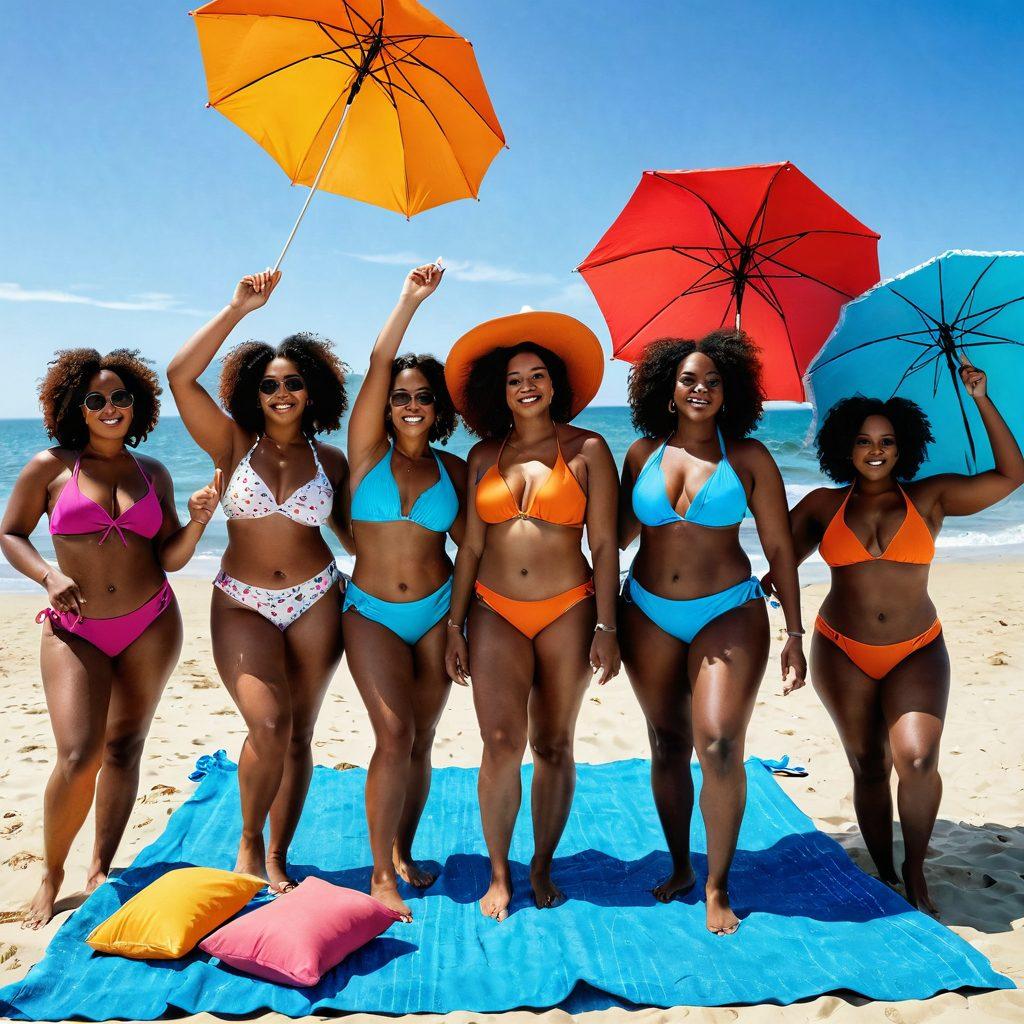 A confident and diverse group of women of various body types enjoying a sunny beach day, showcasing vibrant bikini styles and trendy summer swimwear. Each woman radiates self-love and joy, surrounded by colorful beach accessories like towels and umbrellas. A clear blue sky and gentle waves enhance the serene summer vibe. The scene captures empowerment and celebration of body positivity. super-realistic. vibrant colors. beach setting.